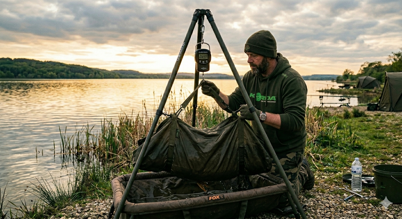 Carp angler weighing fish on tripod at a French public lake