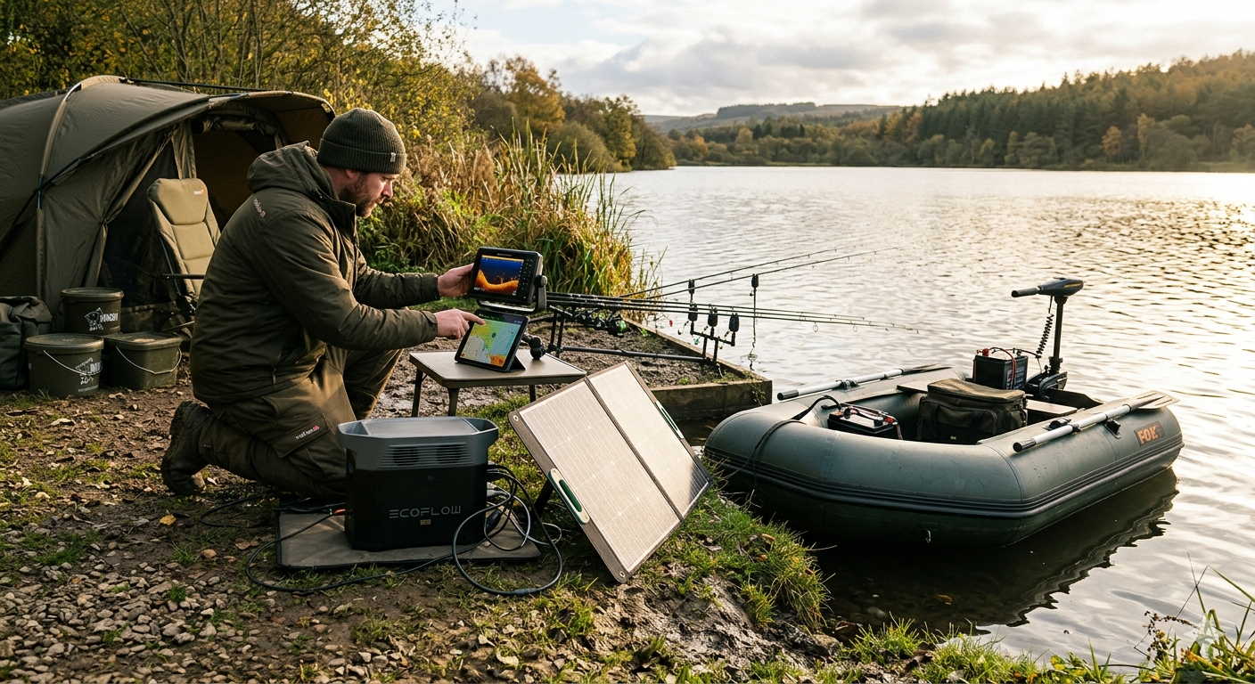 Angler using EcoFlow power station and solar panel at a French public lake
