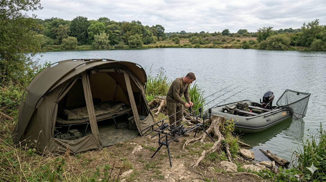 Carp angler at French public lake with bivvy, bedchair and inflatable boat
