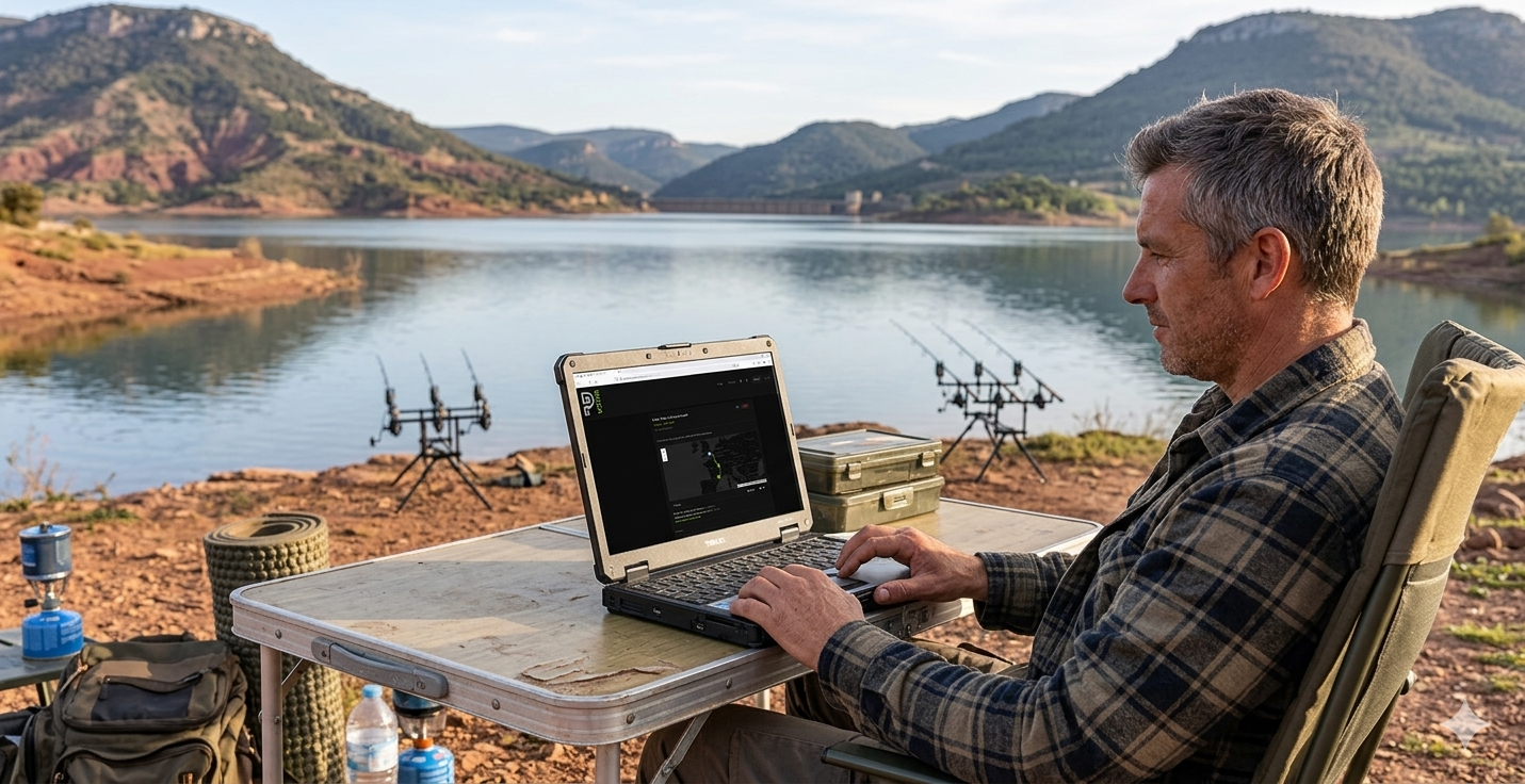 Angler using PiscaMaps on a laptop at a French lake